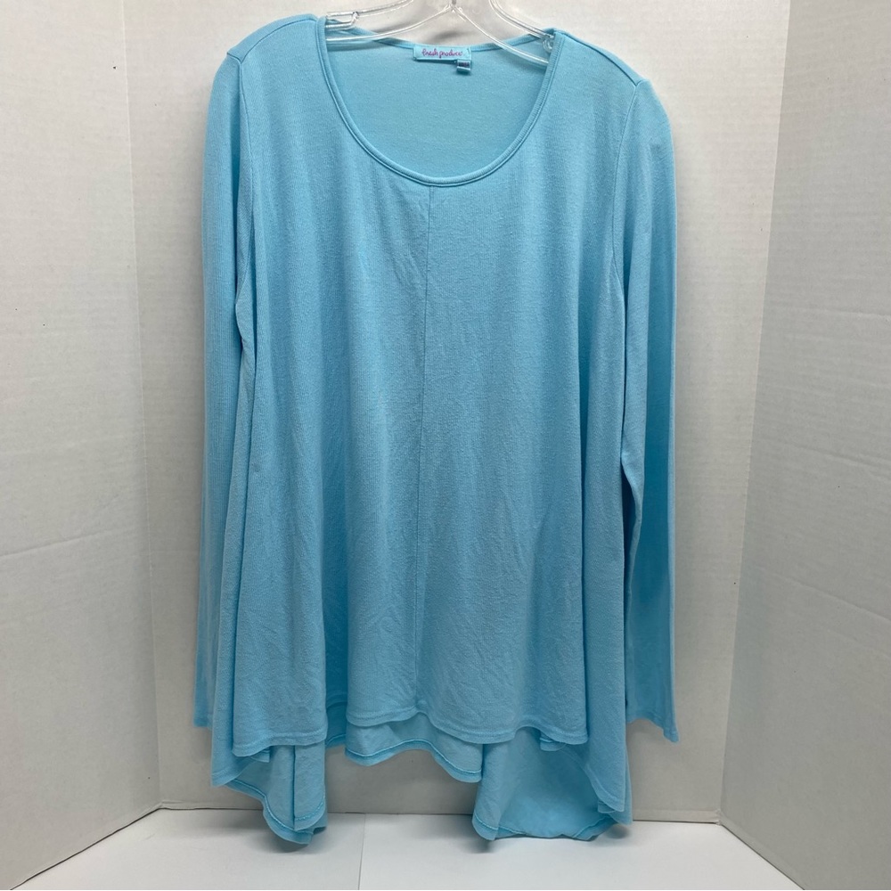 Fresh Produce Studio Tunic Blue Top Size M/L Handkerchief Hem Scoop Neck READ